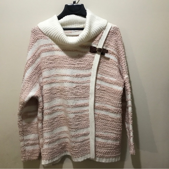 Calvin Klein Cream Pink sweater cape with buckle turtleneck M/L - Picture 3 of 10
